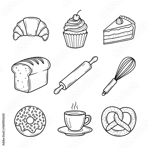 Set of 9 black bakery doodle illustration on white background. Hand-drawn bakery elements vector collection.
