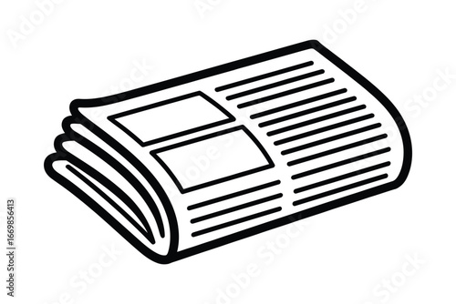 Simple line art illustration of a folded newspaper with headlines and articles