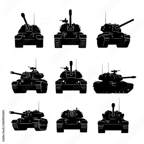 Set of Nine Black Tank Silhouettes in Various Approaching Angles

