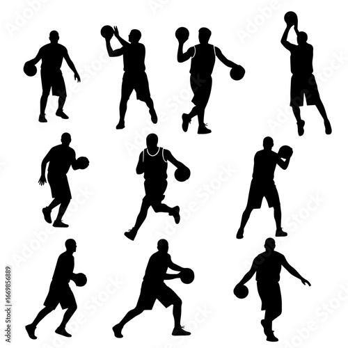 People playing basketball in different poses. Large set of black silhouettes of women and men playing with a ball