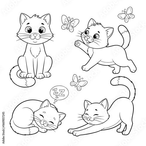Cute cartoon adorable cat with flowers coloring pages for kids, vector outline illustration for children book design