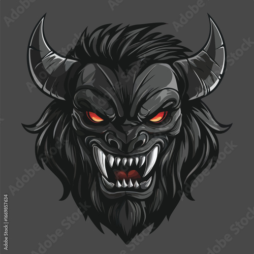 Menacing Dark Horned Beast Head | Aggressive Fantasy Creature Vector Art
