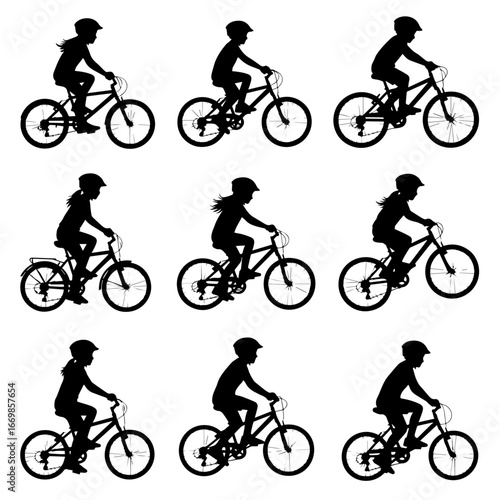 Set of silhouette of children riding bicycle illustration. Toddler play a bike outdoor.
