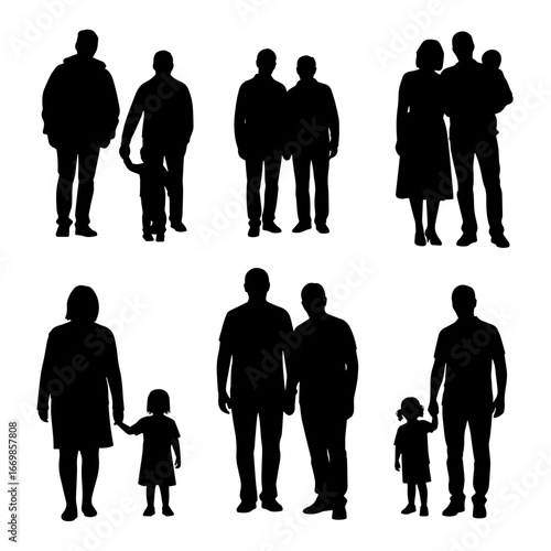 Isolated minimal black family silhouettes. Collection of family silhouettes on isolated background. Vector