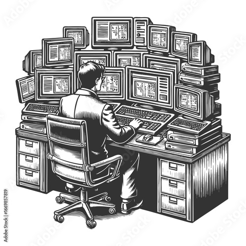 businessman sitting at a desk surrounded by multiple computer monitors, symbolizing data and technology sketch engraving generative ai vector illustration. Scratch board imitation. Black and white.