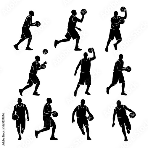 People playing basketball in different poses. Large set of black silhouettes of women and men playing with a ball