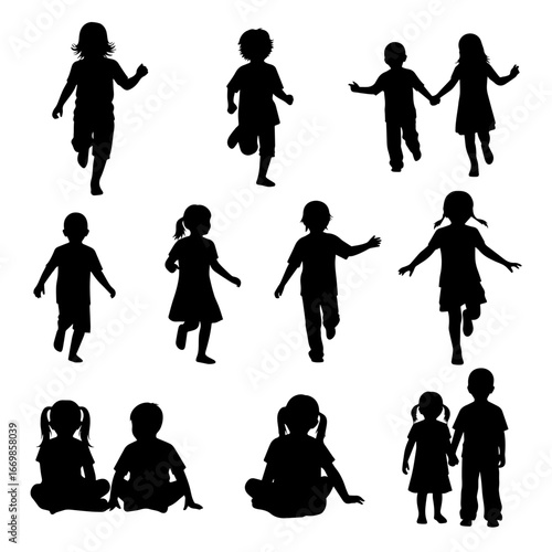 Group of children various poses standing in row vector silhouette set.