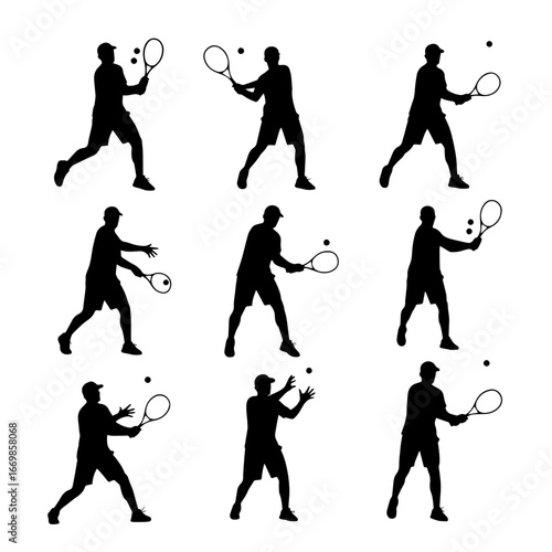 A set of men and women tennis players silhouette on white background. Vector illustration