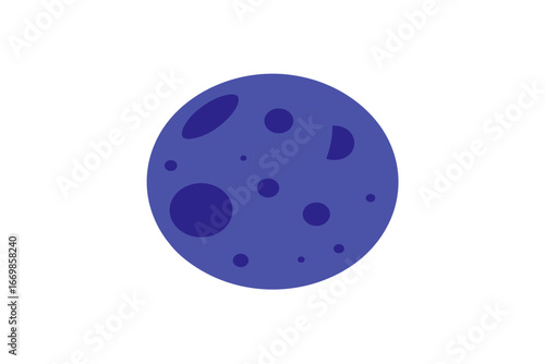 A simple flat design illustration of a blue planet with dark blue craters floating in a black void of space