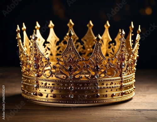 Ornate gold crown, jeweled, rests on dark wood