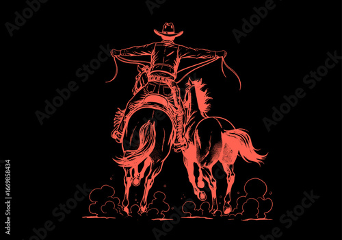 Wild West Rodeo Cowboy Illustration. Frontier Cowboy Spirit art. Retro Western Rodeo Rider. A vintage illustration of rodeo cowboy. Cowboy action on bronco. Bronco Buster Rodeo Cowboy Action Sketch.