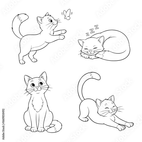 Cute cartoon adorable cat with flowers coloring pages for kids, vector outline illustration for children book design