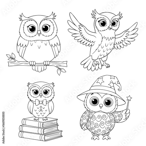 Cute Cartoon Owl on Branch with Moon and Stars Coloring Page