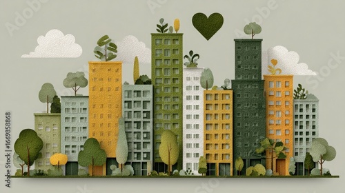 Buildings with heart icon symbolizing community development, inclusive urban planning, and neighborhood investment. 