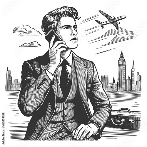 businessman in a suit talking on a mobile phone, an airplane flying overhead sketch engraving generative ai fictional character vector illustration. Scratch board imitation. Black and white image.