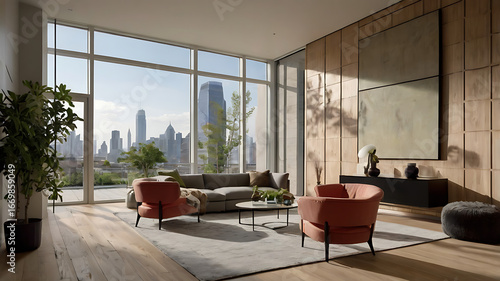 Minimalist interior space with a focus on a large, light Red accent wall. The room features a light wooden floor and a white ceiling with recessed high lighting.