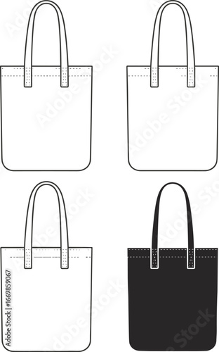 Four tote bag outlines and filled shapes in black and white on white background canvas bag reusable bag