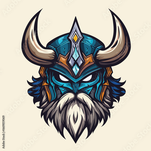Blue Horned Viking Warrior Head Illustration | Nordic Mythological Mascot Vector
