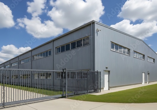 A wide, modern, industrial building with a long metal fence and automated gate, under a partly cloudy sky.