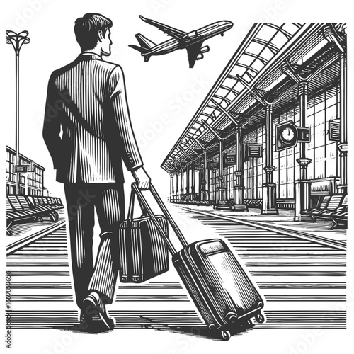 businessman with suitcases walking through an airport terminal while an airplane takes off above sketch engraving generative ai vector illustration. Scratch board. Black and white image.