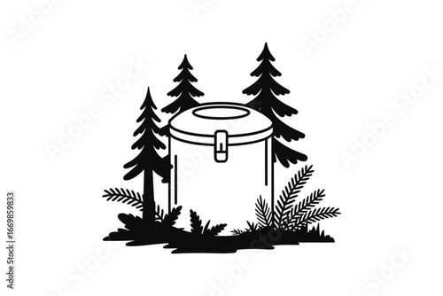 Black and white illustration of a camping thermos surrounded by pine trees and foliage
