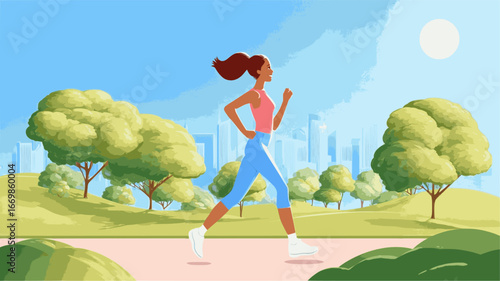 A woman is running in a park with trees and a city in the background. Scene is energetic and active