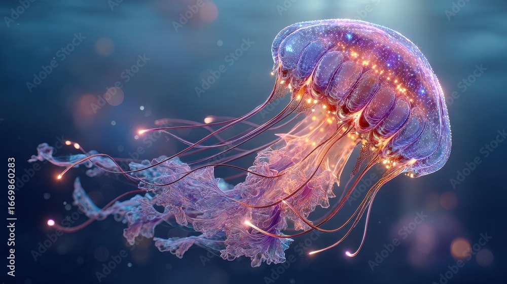 Fototapeta premium Close-up glowing jellyfish, centered with space 