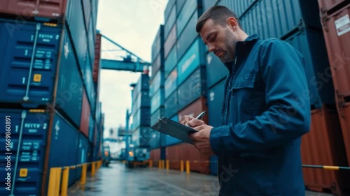 Wallpaper Mural Overseeing Logistics: A focused individual meticulously documents details amidst a towering landscape of stacked cargo containers at the dockyard. Torontodigital.ca