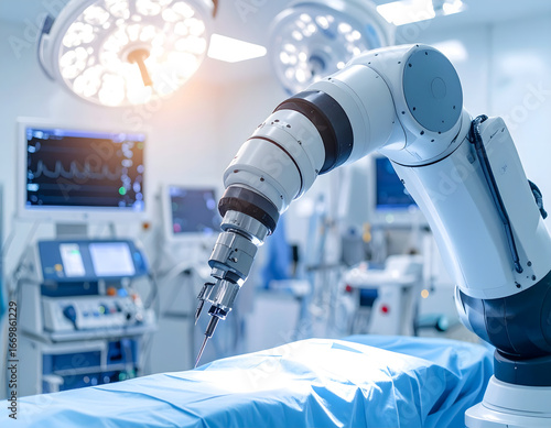 A surgical robot performing a precise operation in a modern operating room. The scene highlights advanced medical technology and the future of healthcare. 