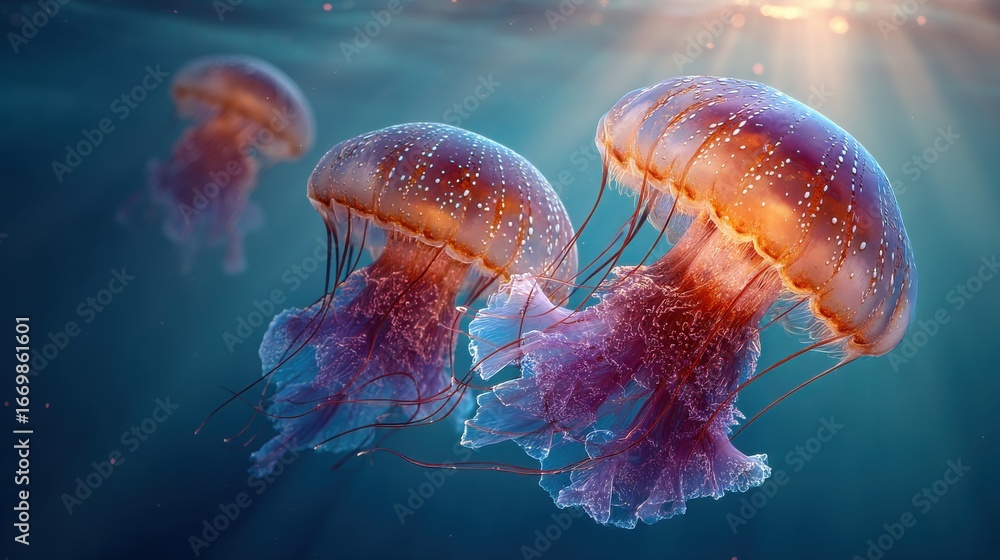 Fototapeta premium Floating jellyfish above clean seafloor in calm waters