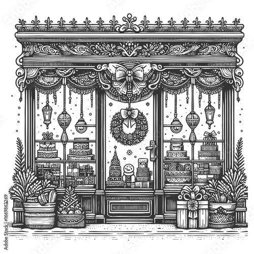 shop decorated for Christmas, featuring wreaths, reindeer figures, garlands, and wrapped gifts outside sketch engraving generative ai vector illustration. Scratch board. Black and white image.