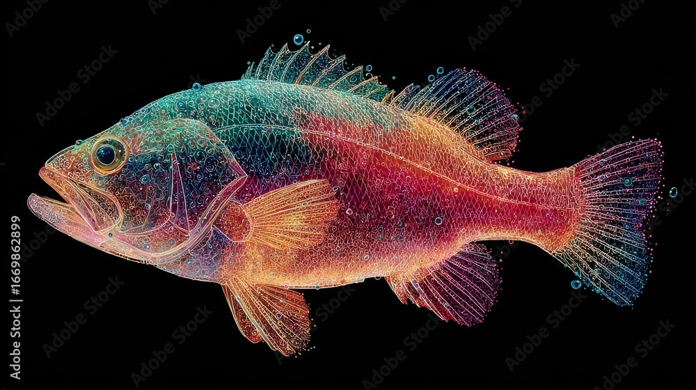 Fototapeta premium Minimal composition of a neon fish in black sea 