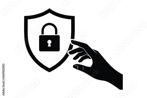 Black silhouette of a hand touching a shield with a padlock symbolizing security and protection