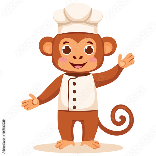 An imaginative and charming artwork of a monkey dressed as a master chef, meticulously designed to show the details of the culinary uniform.