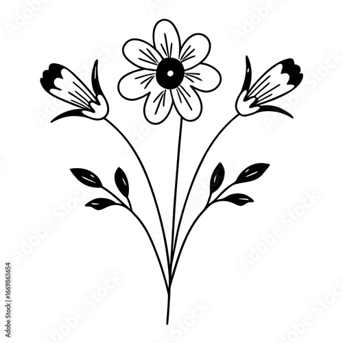 Bold black floral arrangement with bell shaped flowers and daisy botanical black and white