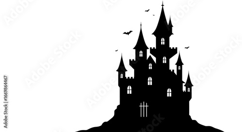 This is a silhouette of a spooky gothic castle on a hill, with bats flying around, perfect for Halloween, fantasy, or horror-themed designs.