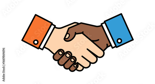 This vibrant illustration features two hands of diverse skin tones firmly shaking, symbolizing successful business partnership, mutual agreement, and global collaboration.