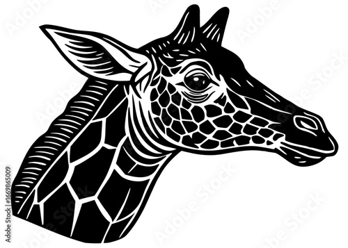 Giraffe Head Silhouette Linocut | Long Neck Animal SVG
