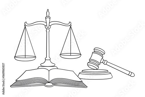 Symbolic illustration of justice scales open book and judge s gavel on white background
