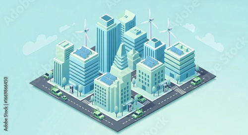 Isometric Smart City Vector Illustration with EV Charging, Solar Panels and Wind Turbines, Pastel Flat SVG, Sky Copy Space