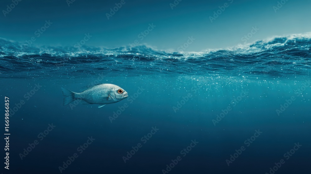 Fototapeta premium Single tropical fish floating in clear blue minimal ocean