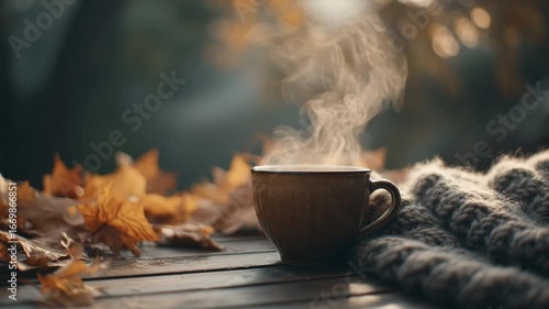A warm, cozy scene of a steaming coffee cup beside an autumn leaf and a soft blanket.