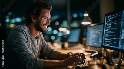 A programmer at his desk is focused on coding. 