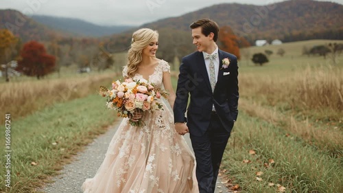 A beautiful couple holding hands and walking on a path.
