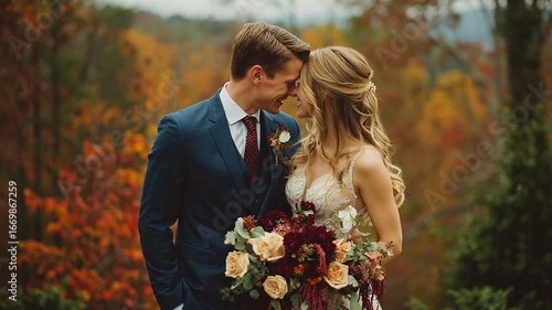 A loving couple sharing a tender moment during their wedding.