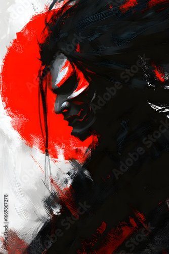 Japanese Oni Mask Profile with Red Sun in Bold Ink-Style Illustration