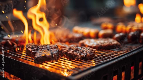 Juicy grilled meat sizzling over a fiery barbeque pit.