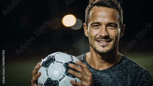 Smiling soccer player holding a ball.