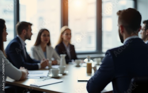 Wallpaper Mural Blur a group of employees are sitting in a meeting and listening to what their boss is saying about business in the organization in the small meeting room at the office in the morning. High quality Torontodigital.ca