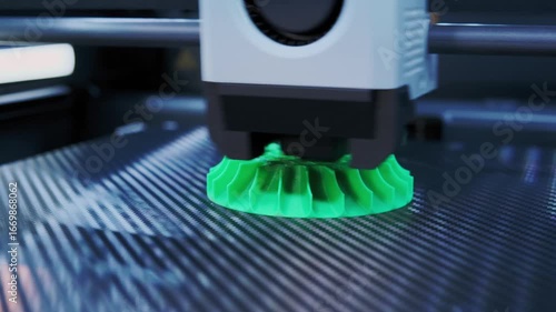 Distant View of 3D Printing Process of a Green Vase With Detailed Mechanics and Vibrant Colors Visible in the Printer